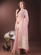 Shree Shyam Fashion Elegant Light Pink Organza Saree with Golden Zari Border & Designer Tassels | Lightweight Partywear Saree | Grocsy