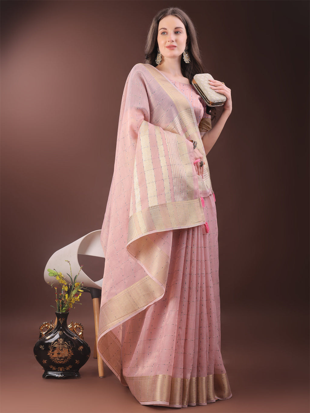 Shree Shyam Fashion Elegant Light Pink Organza Saree with Golden Zari Border & Designer Tassels | Lightweight Partywear Saree | Grocsy