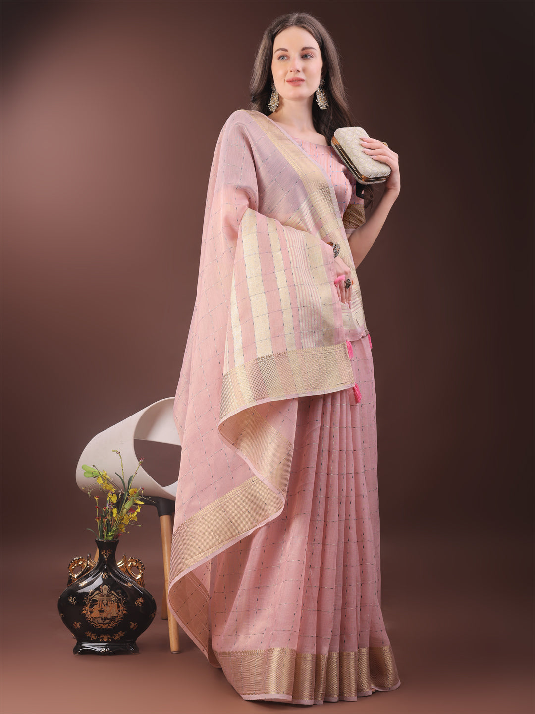 Shree Shyam Fashion Elegant Light Pink Organza Saree with Golden Zari Border & Designer Tassels | Lightweight Partywear Saree | Grocsy