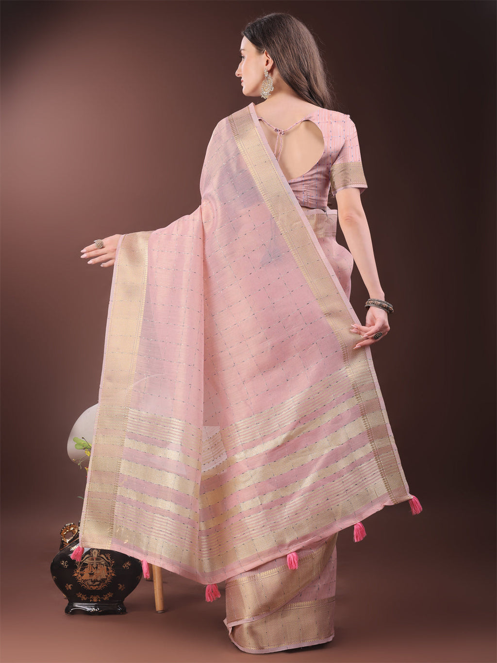 Shree Shyam Fashion Elegant Light Pink Organza Saree with Golden Zari Border & Designer Tassels | Lightweight Partywear Saree | Grocsy