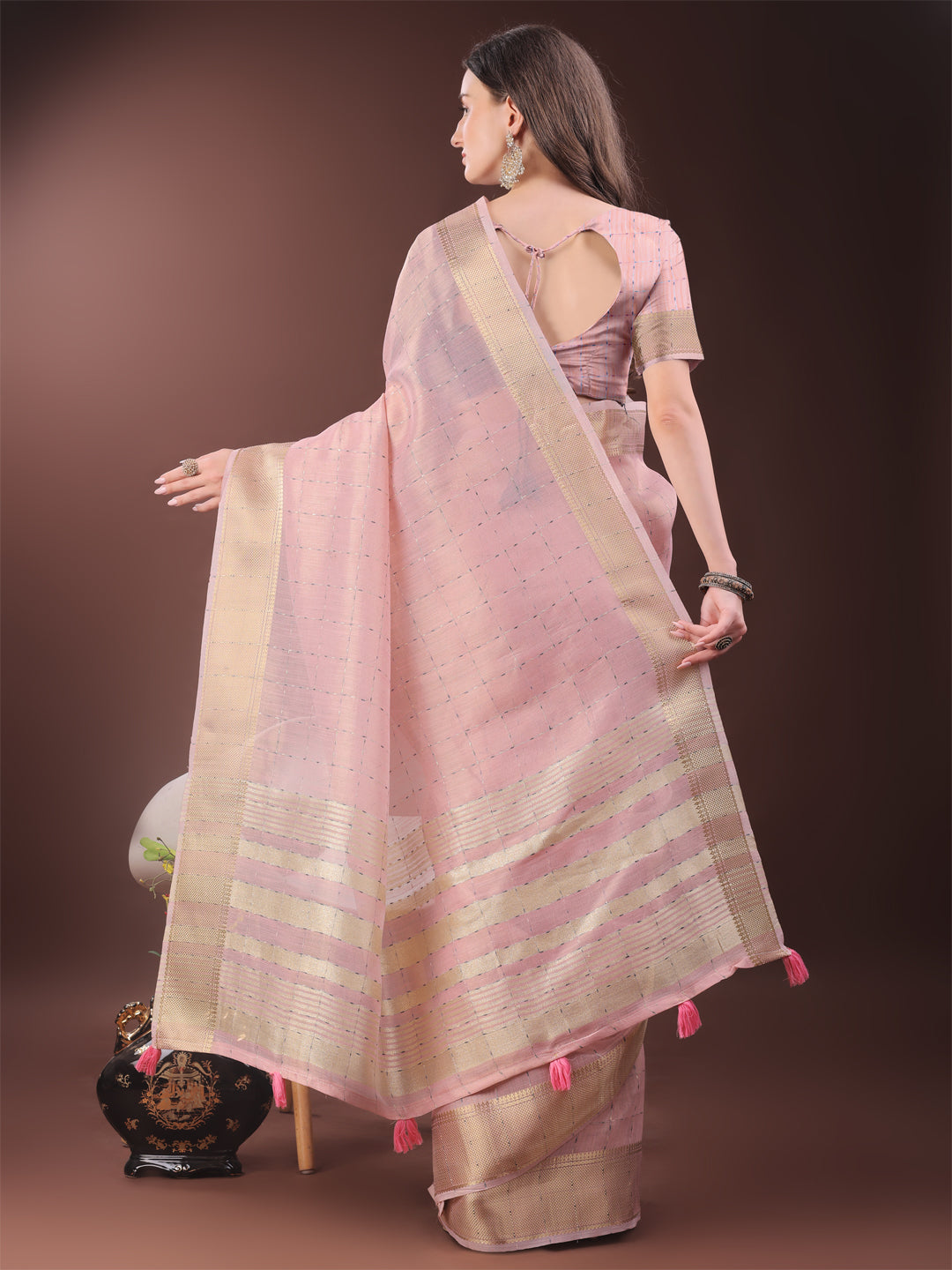 Shree Shyam Fashion Elegant Light Pink Organza Saree with Golden Zari Border & Designer Tassels | Lightweight Partywear Saree | Grocsy