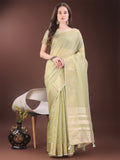 Shree Shyam Fashion Elegant Light Green Organza Saree with Golden Zari Border & Designer Tassels | Lightweight Partywear Saree | Grocsy