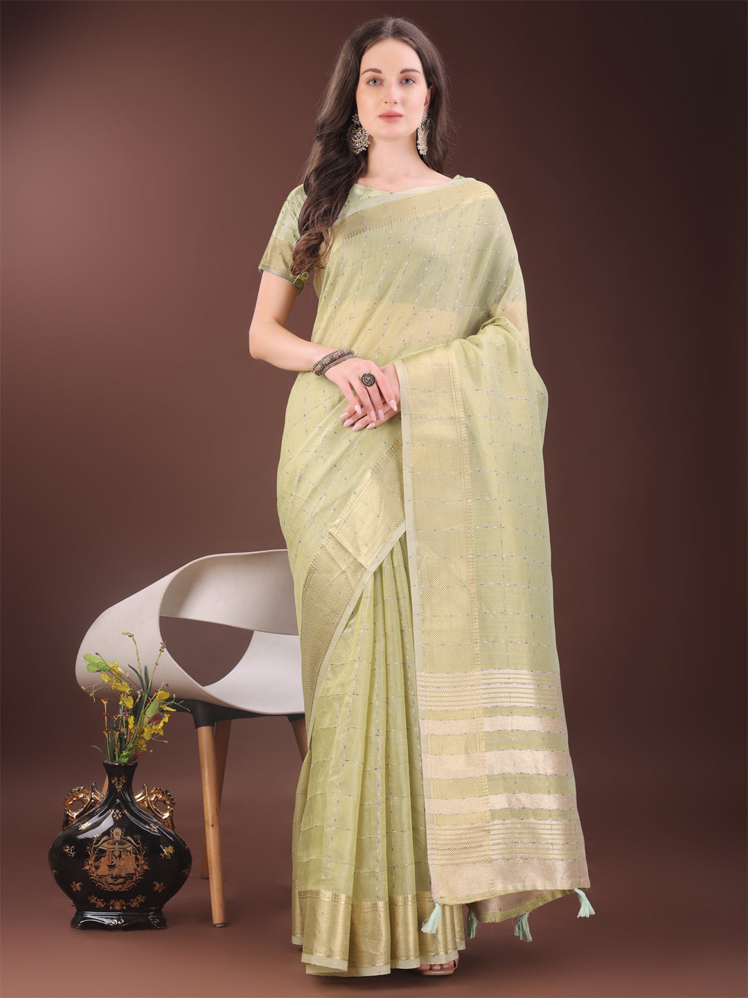 Shree Shyam Fashion Elegant Light Green Organza Saree with Golden Zari Border & Designer Tassels | Lightweight Partywear Saree | Grocsy