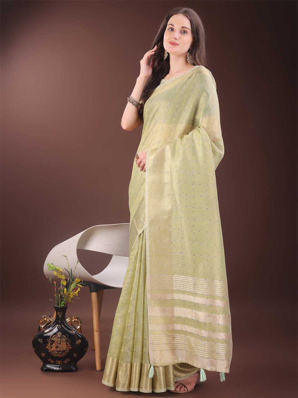 Shree Shyam Fashion Elegant Light Green Organza Saree with Golden Zari Border & Designer Tassels | Lightweight Partywear Saree | Grocsy
