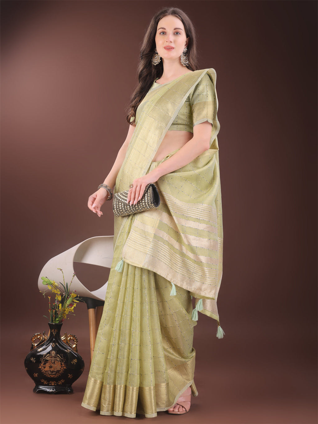 Shree Shyam Fashion Elegant Light Green Organza Saree with Golden Zari Border & Designer Tassels | Lightweight Partywear Saree | Grocsy