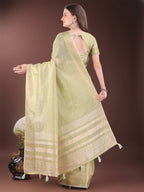 Shree Shyam Fashion Elegant Light Green Organza Saree with Golden Zari Border & Designer Tassels | Lightweight Partywear Saree | Grocsy