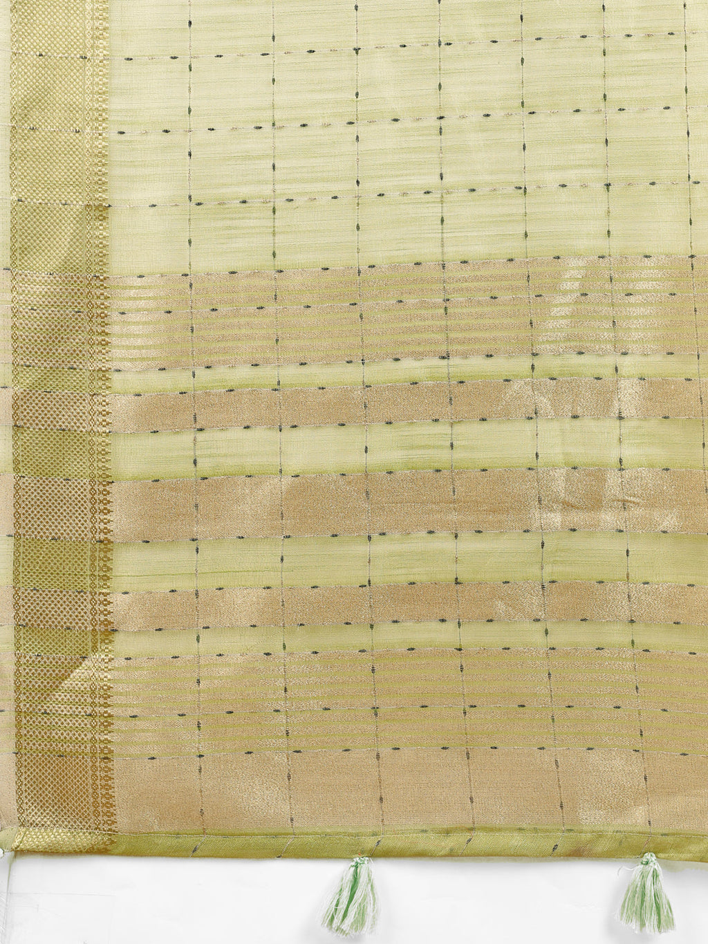 Shree Shyam Fashion Elegant Light Green Organza Saree with Golden Zari Border & Designer Tassels | Lightweight Partywear Saree | Grocsy