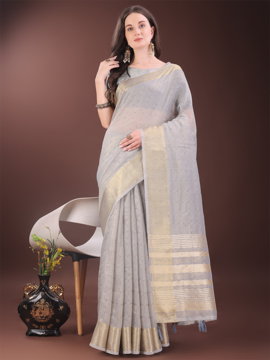 Shree Shyam Fashion Elegant Grey Organza Saree with Golden Zari Border & Designer Tassels | Lightweight Partywear Saree | Grocsy