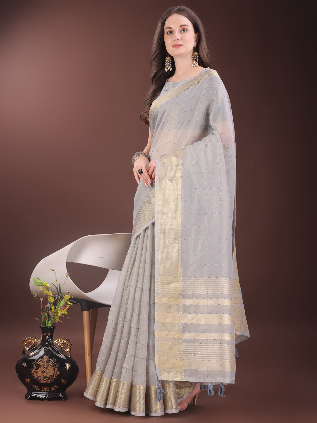 Shree Shyam Fashion Elegant Grey Organza Saree with Golden Zari Border & Designer Tassels | Lightweight Partywear Saree | Grocsy