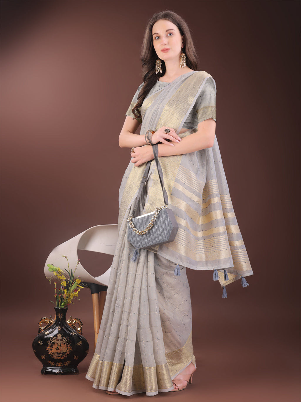 Shree Shyam Fashion Elegant Grey Organza Saree with Golden Zari Border & Designer Tassels | Lightweight Partywear Saree | Grocsy