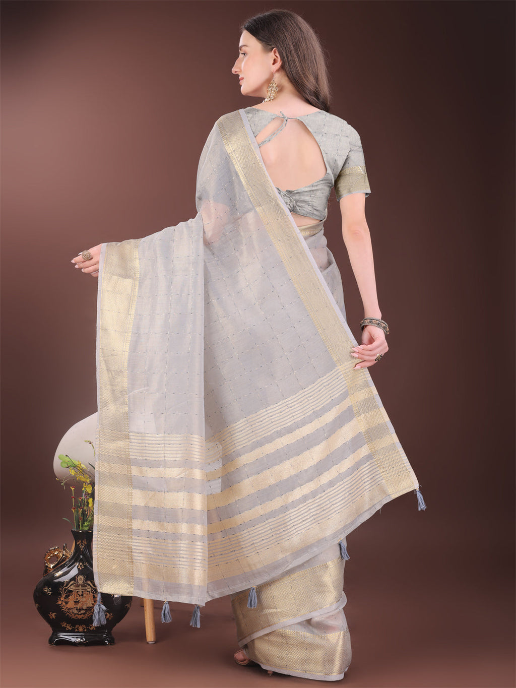 Shree Shyam Fashion Elegant Grey Organza Saree with Golden Zari Border & Designer Tassels | Lightweight Partywear Saree | Grocsy