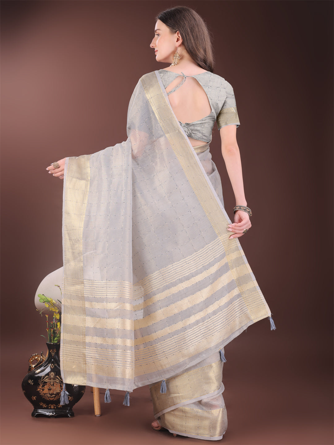 Shree Shyam Fashion Elegant Grey Organza Saree with Golden Zari Border & Designer Tassels | Lightweight Partywear Saree | Grocsy