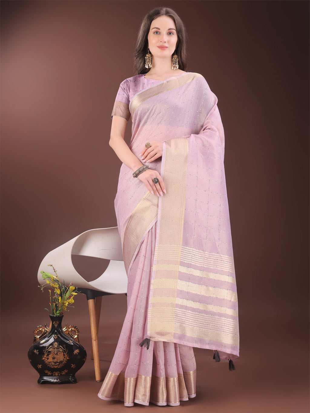 Shree Shyam Fashion Elegant Pink Organza Saree with Golden Zari Border & Designer Tassels | Lightweight Partywear Saree | Grocsy