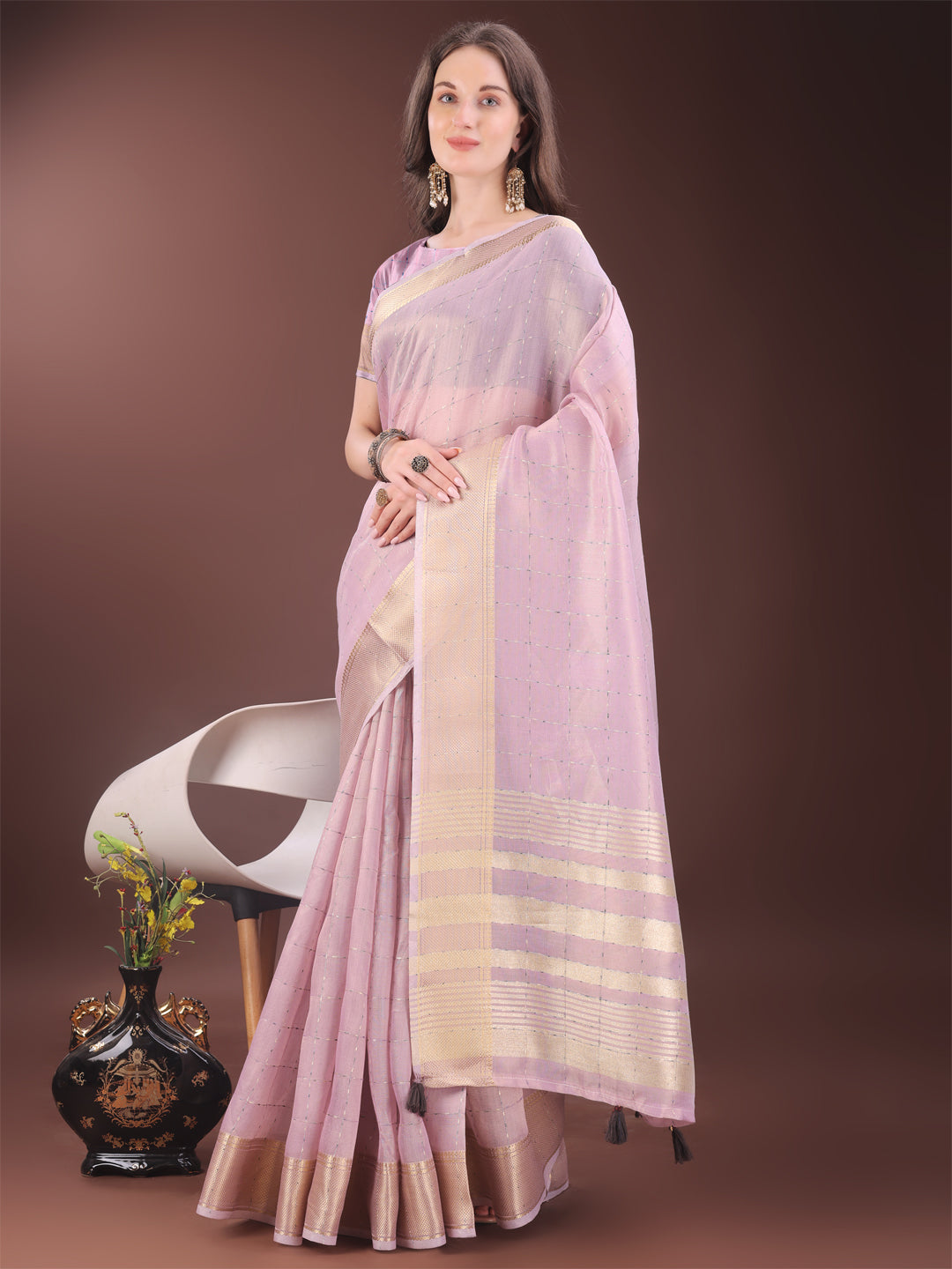 Shree Shyam Fashion Elegant Pink Organza Saree with Golden Zari Border & Designer Tassels | Lightweight Partywear Saree | Grocsy