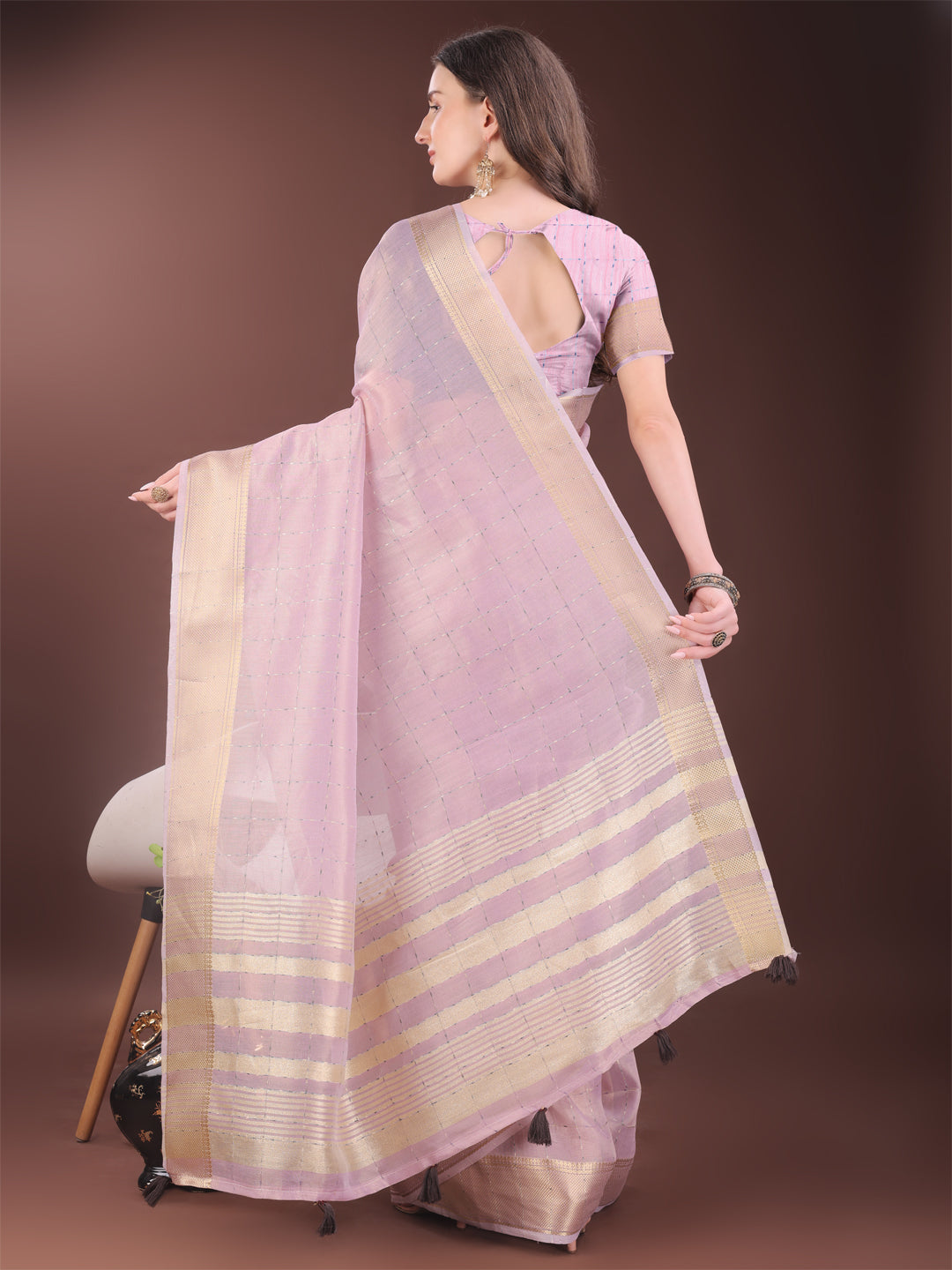 Shree Shyam Fashion Elegant Pink Organza Saree with Golden Zari Border & Designer Tassels | Lightweight Partywear Saree | Grocsy