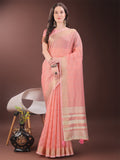 Shree Shyam Fashion Elegant Peach Organza Saree with Golden Zari Border & Designer Tassels | Lightweight Partywear Saree | Grocsy