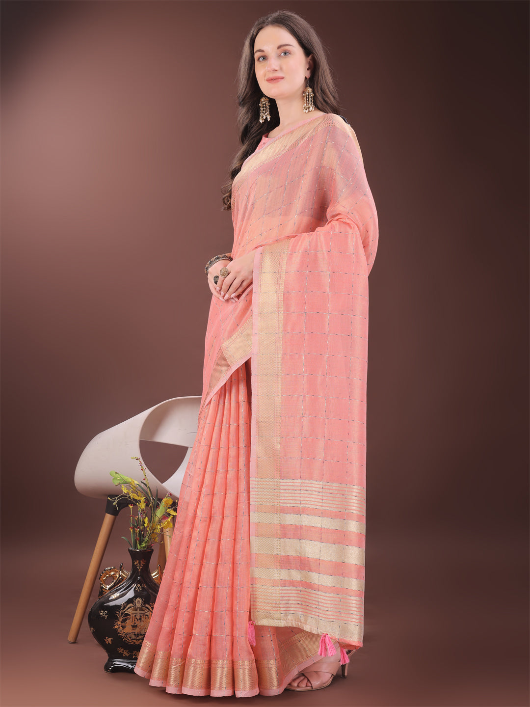 Shree Shyam Fashion Elegant Peach Organza Saree with Golden Zari Border & Designer Tassels | Lightweight Partywear Saree | Grocsy