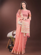 Shree Shyam Fashion Elegant Peach Organza Saree with Golden Zari Border & Designer Tassels | Lightweight Partywear Saree | Grocsy