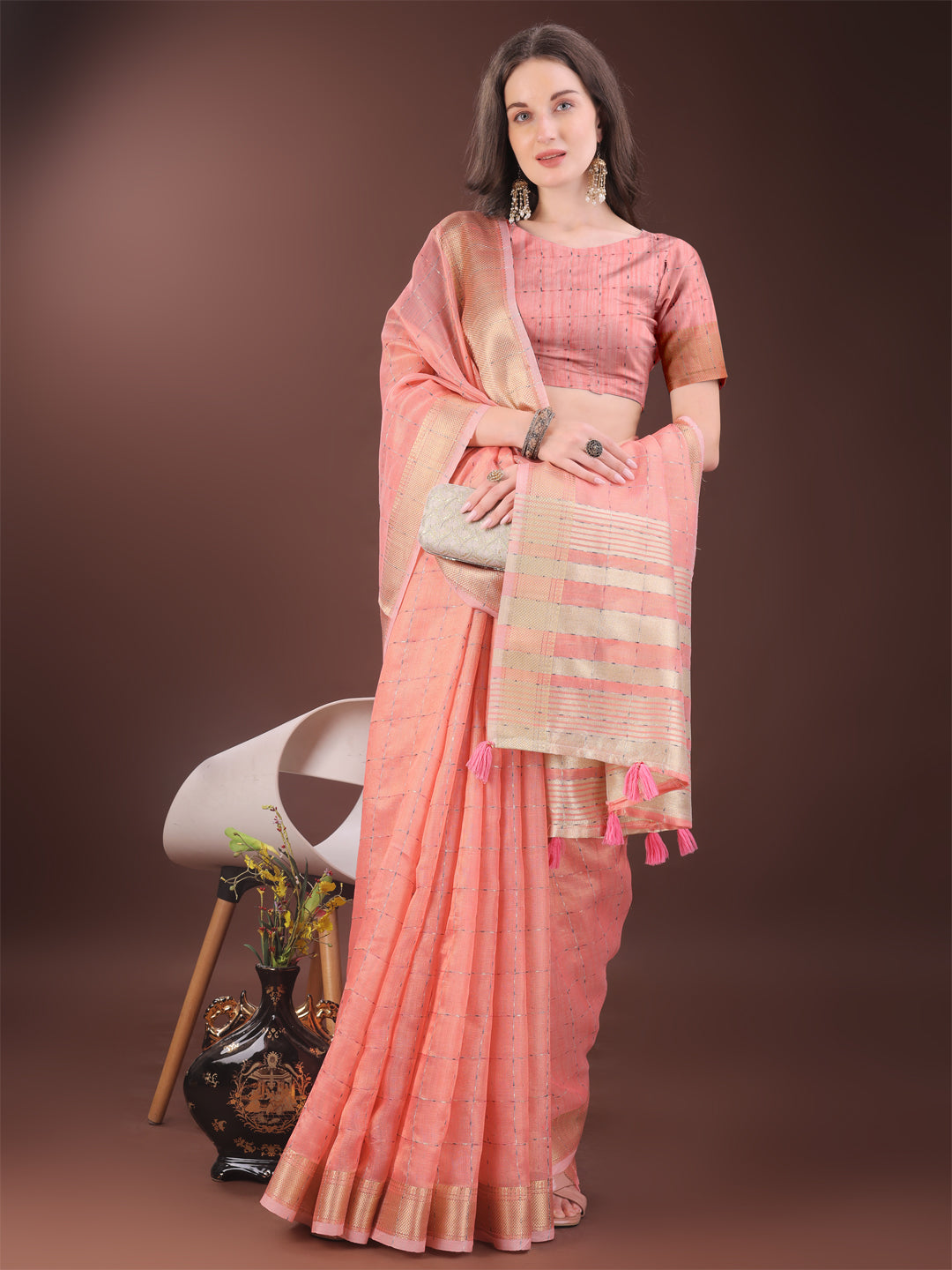Shree Shyam Fashion Elegant Peach Organza Saree with Golden Zari Border & Designer Tassels | Lightweight Partywear Saree | Grocsy
