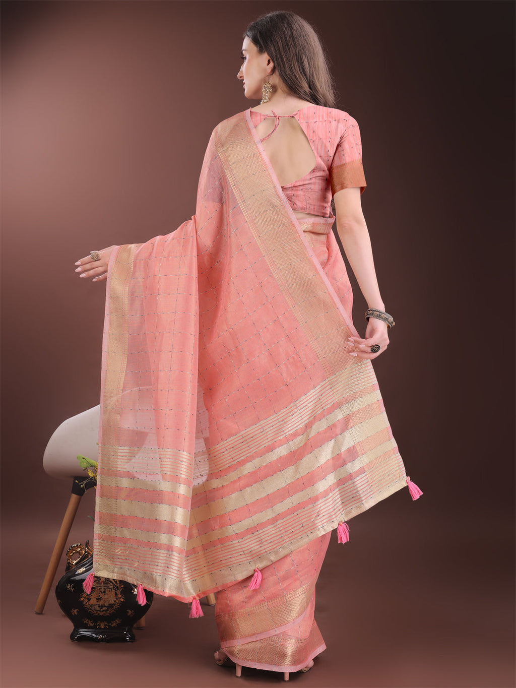 Shree Shyam Fashion Elegant Peach Organza Saree with Golden Zari Border & Designer Tassels | Lightweight Partywear Saree | Grocsy