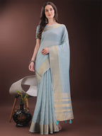 Shree Shyam Fashion Elegant Sky Blue Organza Saree with Golden Zari Border & Designer Tassels | Lightweight Partywear Saree | Grocsy