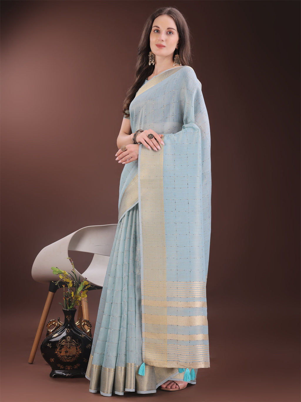Shree Shyam Fashion Elegant Sky Blue Organza Saree with Golden Zari Border & Designer Tassels | Lightweight Partywear Saree | Grocsy
