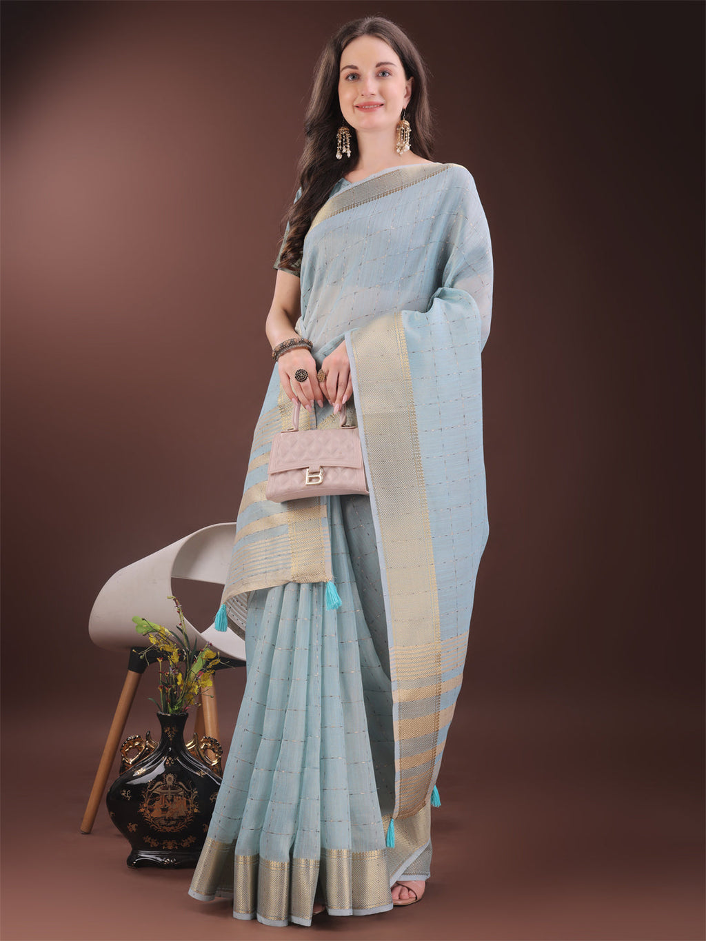 Shree Shyam Fashion Elegant Sky Blue Organza Saree with Golden Zari Border & Designer Tassels | Lightweight Partywear Saree | Grocsy