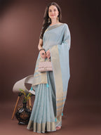 Shree Shyam Fashion Elegant Sky Blue Organza Saree with Golden Zari Border & Designer Tassels | Lightweight Partywear Saree | Grocsy