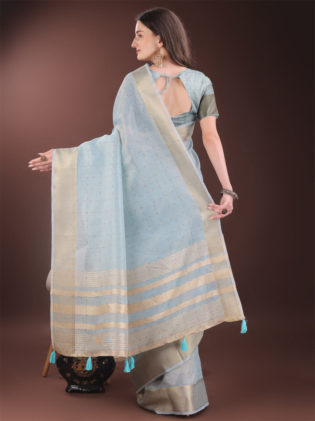 Shree Shyam Fashion Elegant Sky Blue Organza Saree with Golden Zari Border & Designer Tassels | Lightweight Partywear Saree | Grocsy