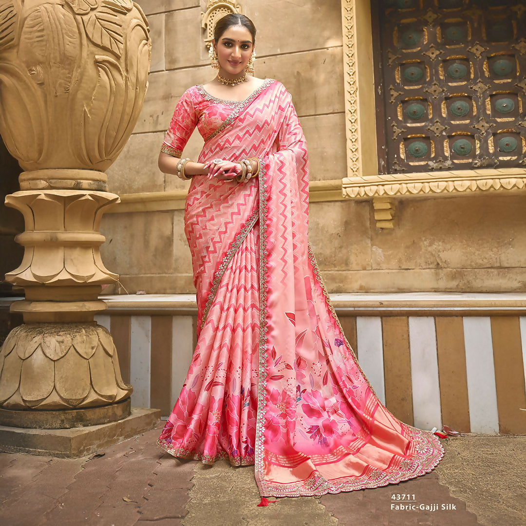 Pink Gajji Silk Foil With Moti Work Saree With Unstitched Blouse - Norita Gajri | Grocsy