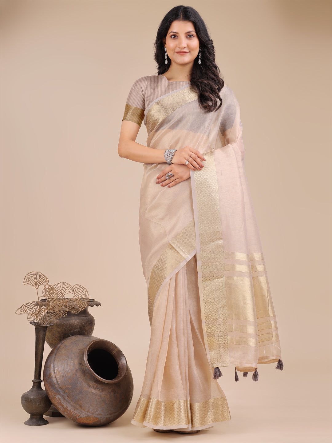 Shree Shyam Fashion Light Pink Organza Woven Zari Work Traditional Tassel Saree | Grocsy