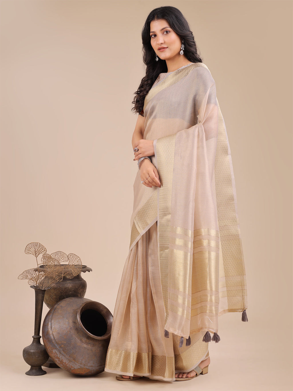 Shree Shyam Fashion Light Pink Organza Woven Zari Work Traditional Tassel Saree | Grocsy
