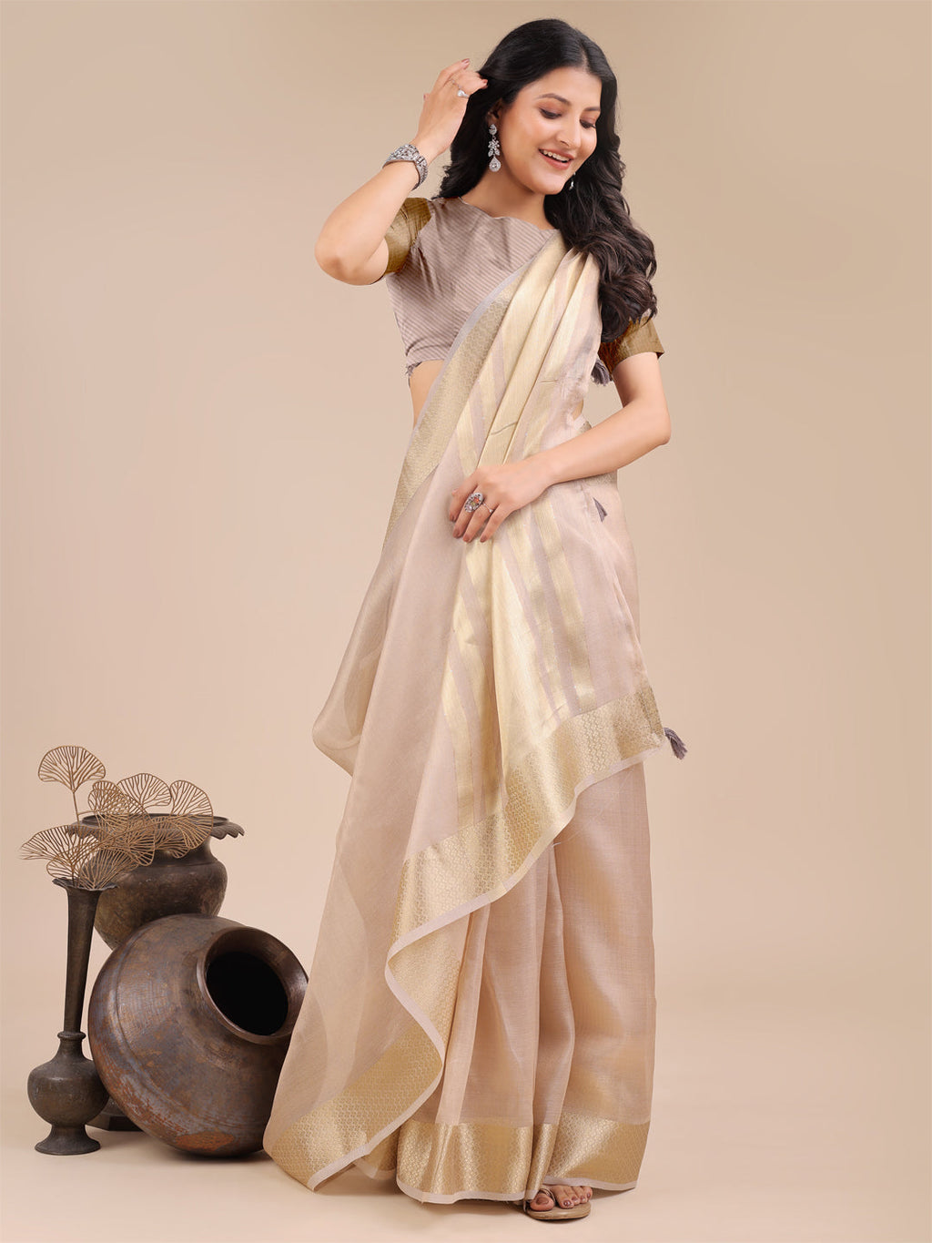 Shree Shyam Fashion Light Pink Organza Woven Zari Work Traditional Tassel Saree | Grocsy