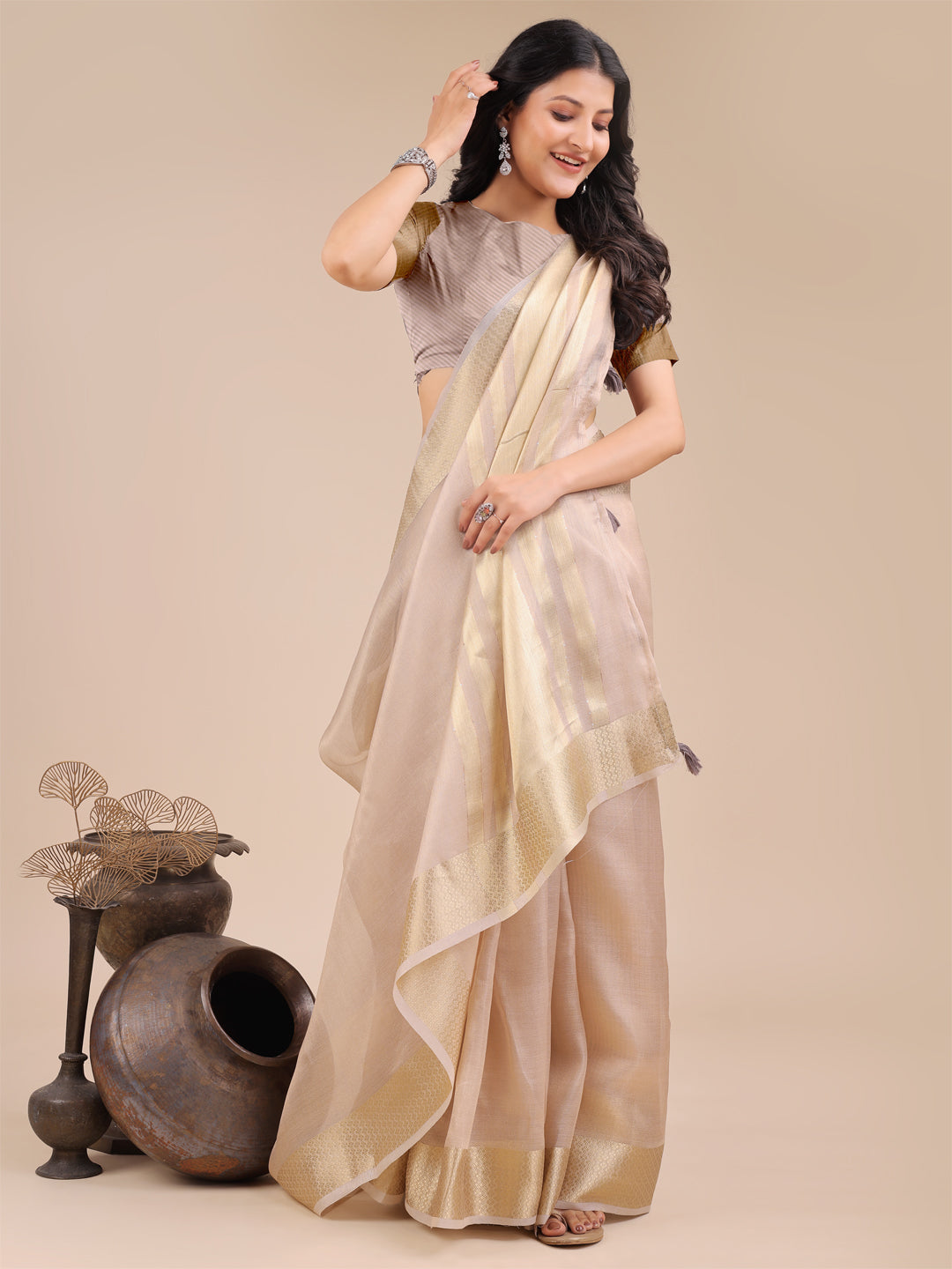 Shree Shyam Fashion Light Pink Organza Woven Zari Work Traditional Tassel Saree | Grocsy