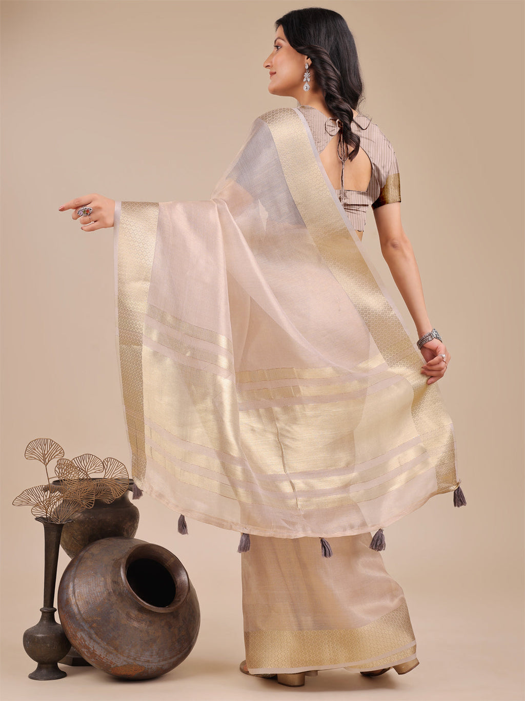Shree Shyam Fashion Light Pink Organza Woven Zari Work Traditional Tassel Saree | Grocsy