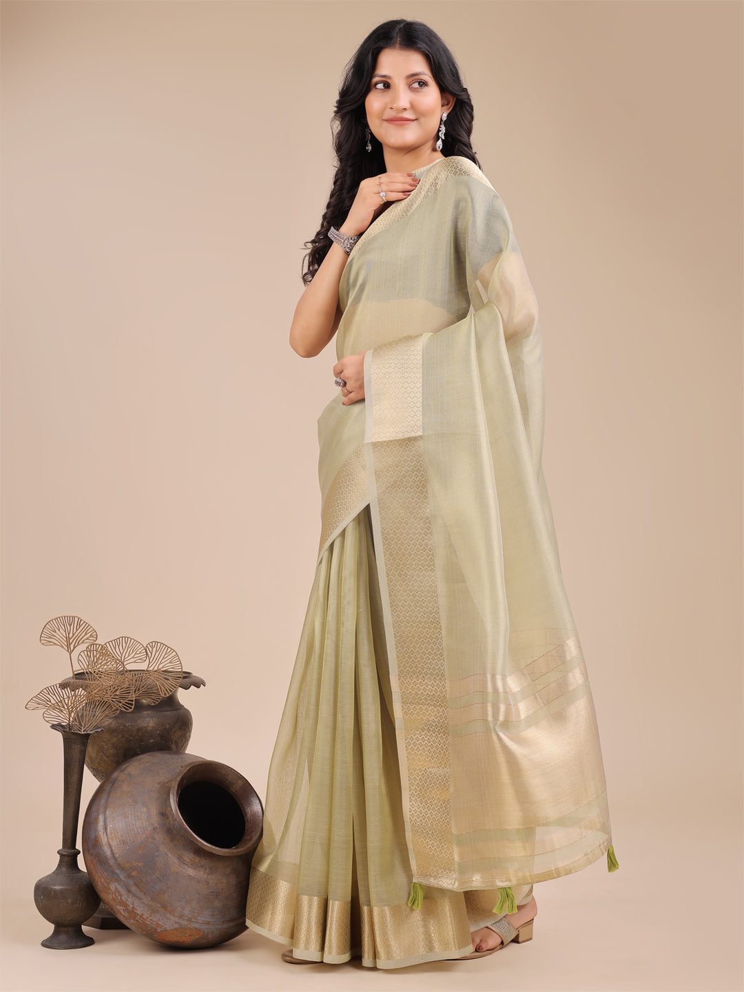 Shree Shyam Fashion Light Green Organza Woven Zari Work Traditional Tassel Saree | Grocsy