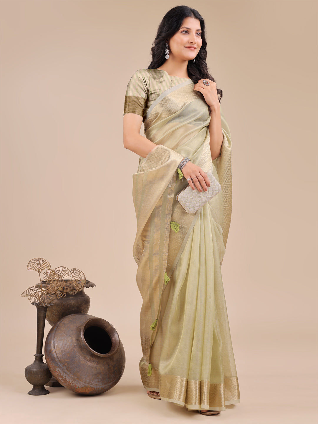 Shree Shyam Fashion Light Green Organza Woven Zari Work Traditional Tassel Saree | Grocsy