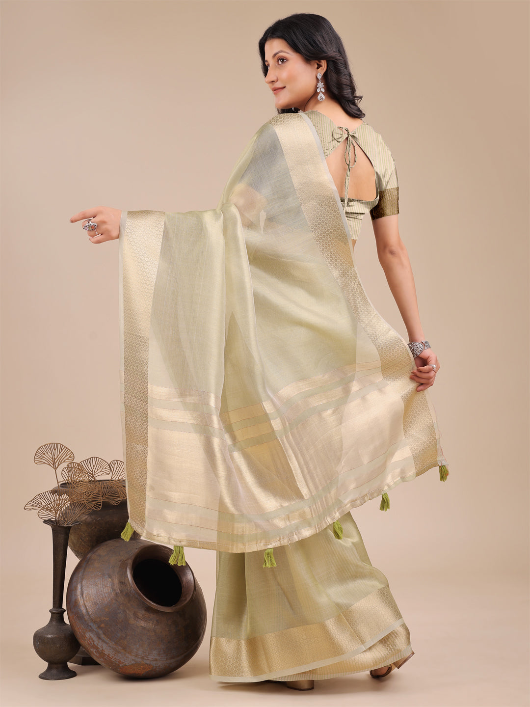 Shree Shyam Fashion Light Green Organza Woven Zari Work Traditional Tassel Saree | Grocsy