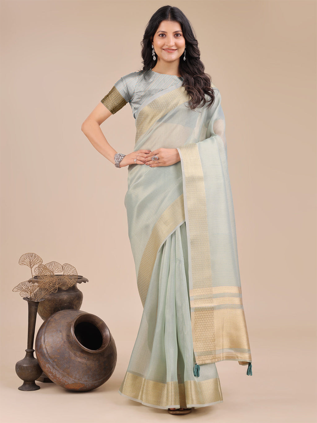 Shree Shyam Fashion Sea Green Organza Woven Zari Work Traditional Tassel Saree | Grocsy