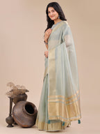 Shree Shyam Fashion Sea Green Organza Woven Zari Work Traditional Tassel Saree | Grocsy