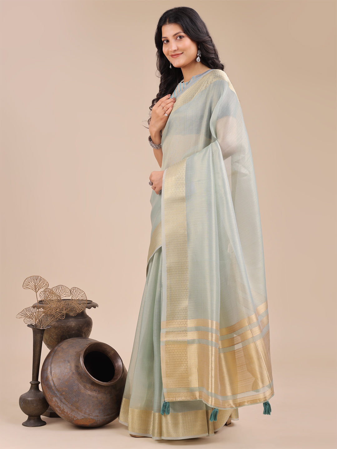 Shree Shyam Fashion Sea Green Organza Woven Zari Work Traditional Tassel Saree | Grocsy