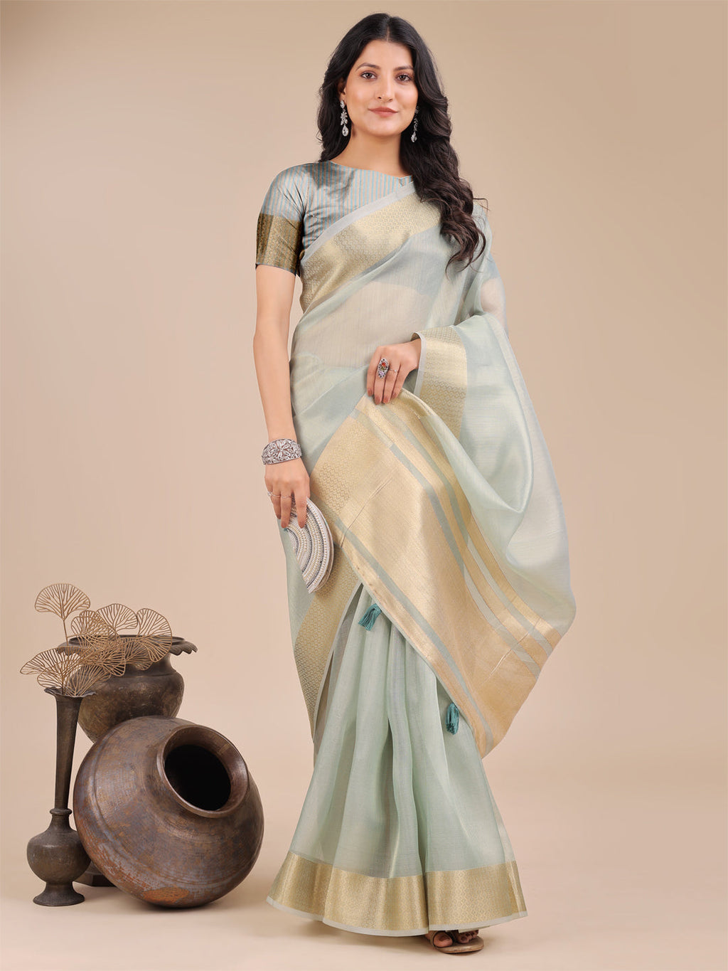 Shree Shyam Fashion Sea Green Organza Woven Zari Work Traditional Tassel Saree | Grocsy