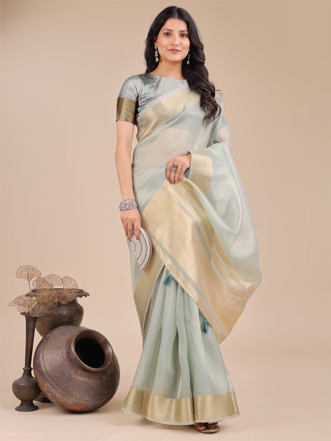 Shree Shyam Fashion Sea Green Organza Woven Zari Work Traditional Tassel Saree | Grocsy