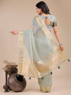 Shree Shyam Fashion Sea Green Organza Woven Zari Work Traditional Tassel Saree | Grocsy