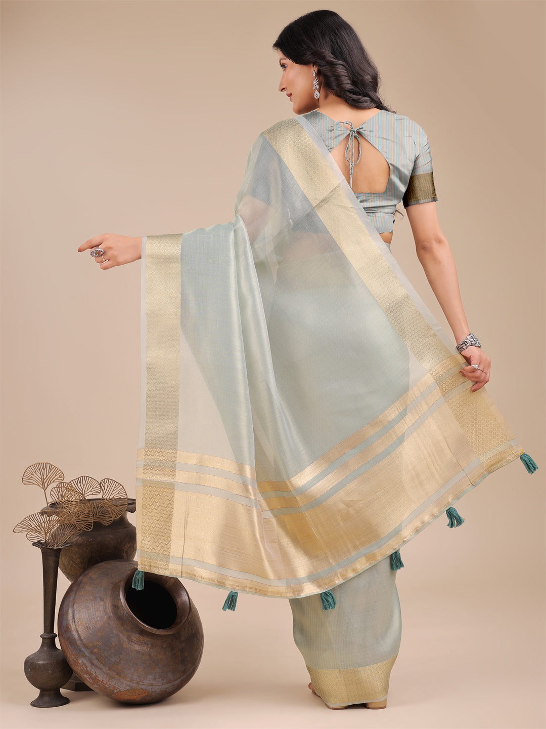 Shree Shyam Fashion Sea Green Organza Woven Zari Work Traditional Tassel Saree | Grocsy