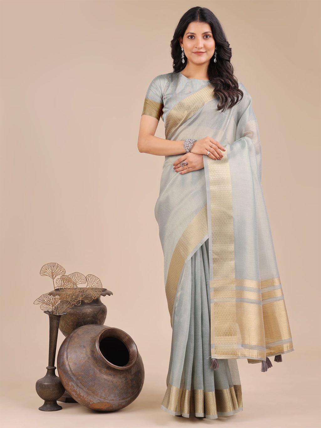 Shree Shyam Fashion Sky Blue Organza Woven Zari Work Traditional Tassel Saree | Grocsy