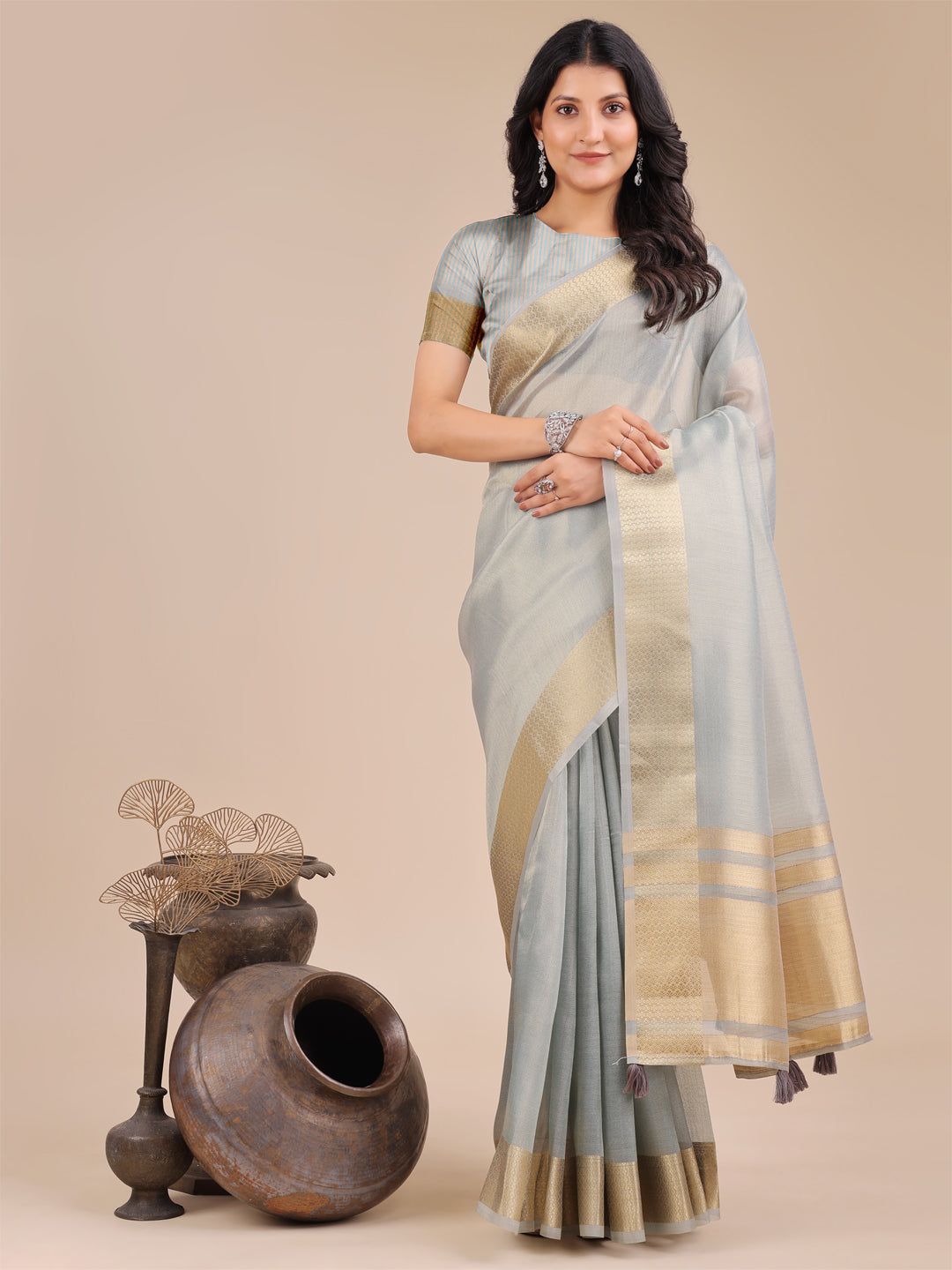 Shree Shyam Fashion Sky Blue Organza Woven Zari Work Traditional Tassel Saree | Grocsy