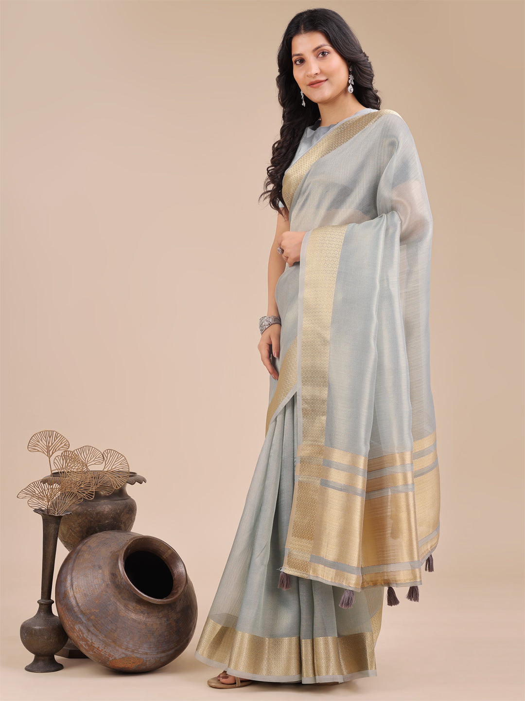 Shree Shyam Fashion Sky Blue Organza Woven Zari Work Traditional Tassel Saree | Grocsy