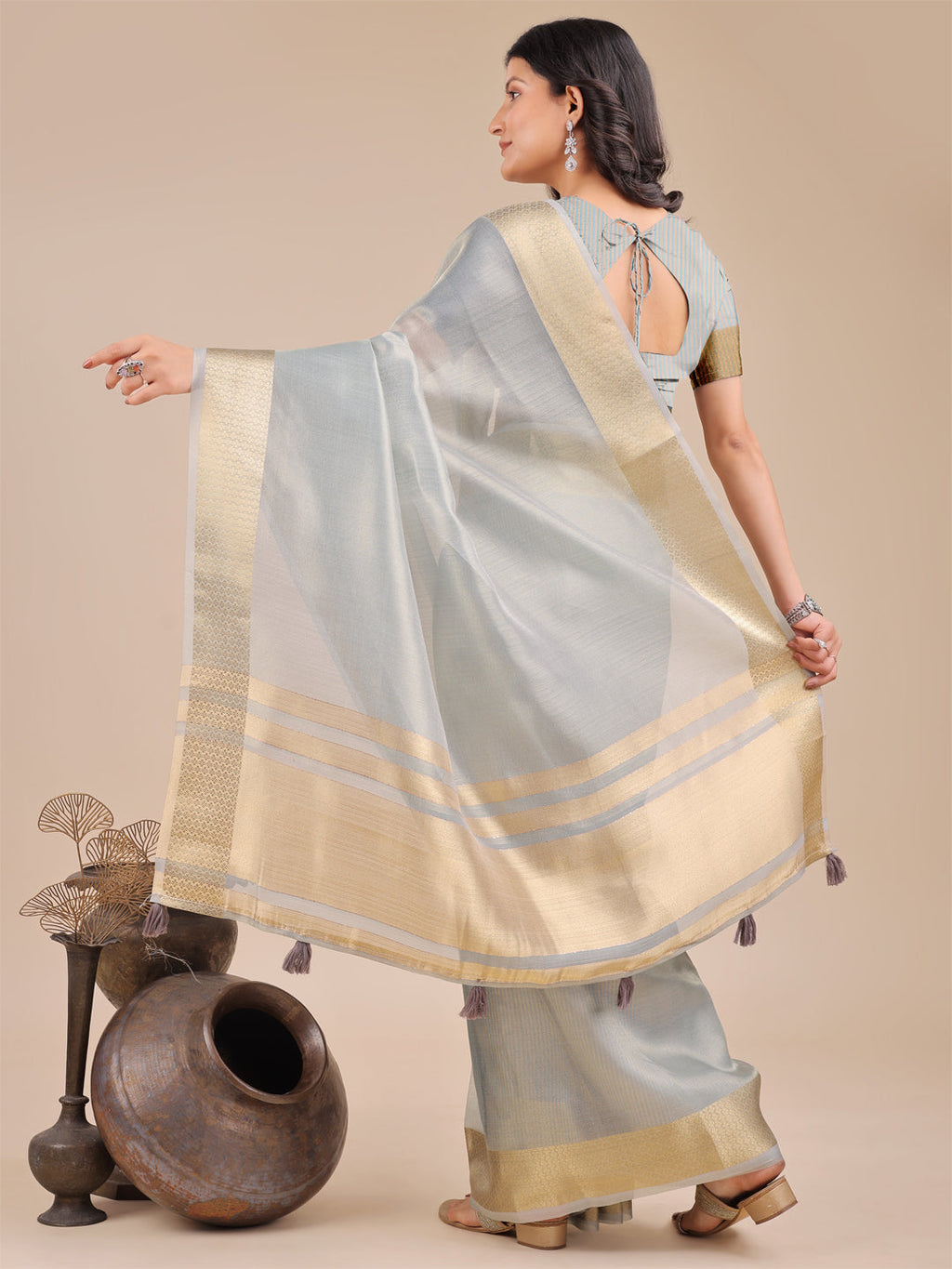 Shree Shyam Fashion Sky Blue Organza Woven Zari Work Traditional Tassel Saree | Grocsy