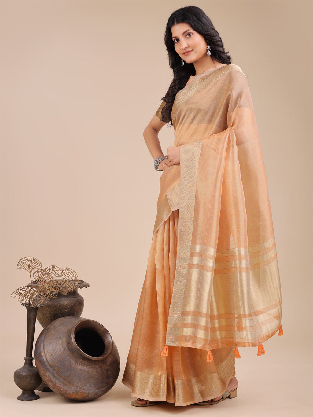 Shree Shyam Fashion Orange Organza Woven Zari Work Traditional Tassel Saree | Grocsy